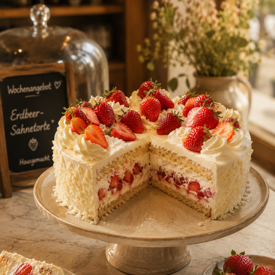 Hausgemachte Erdbeer-Sahnetorte auf Tortenteller im Café Lisbeth — das Wochenangebot