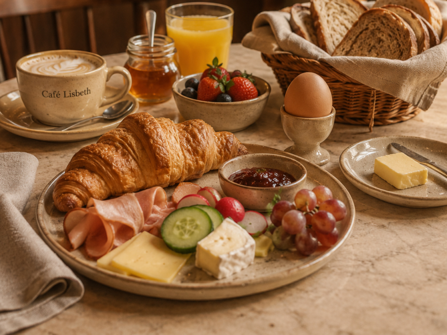 Frühstückstisch im Café Lisbeth mit Cappuccino, Croissant, Brotkorb, Ei und frischen Früchten